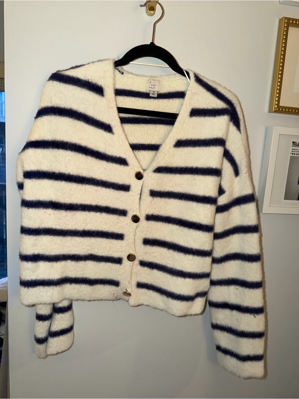 a new day Cream and Navy Striped Fuzzy Button-Front Cardigan